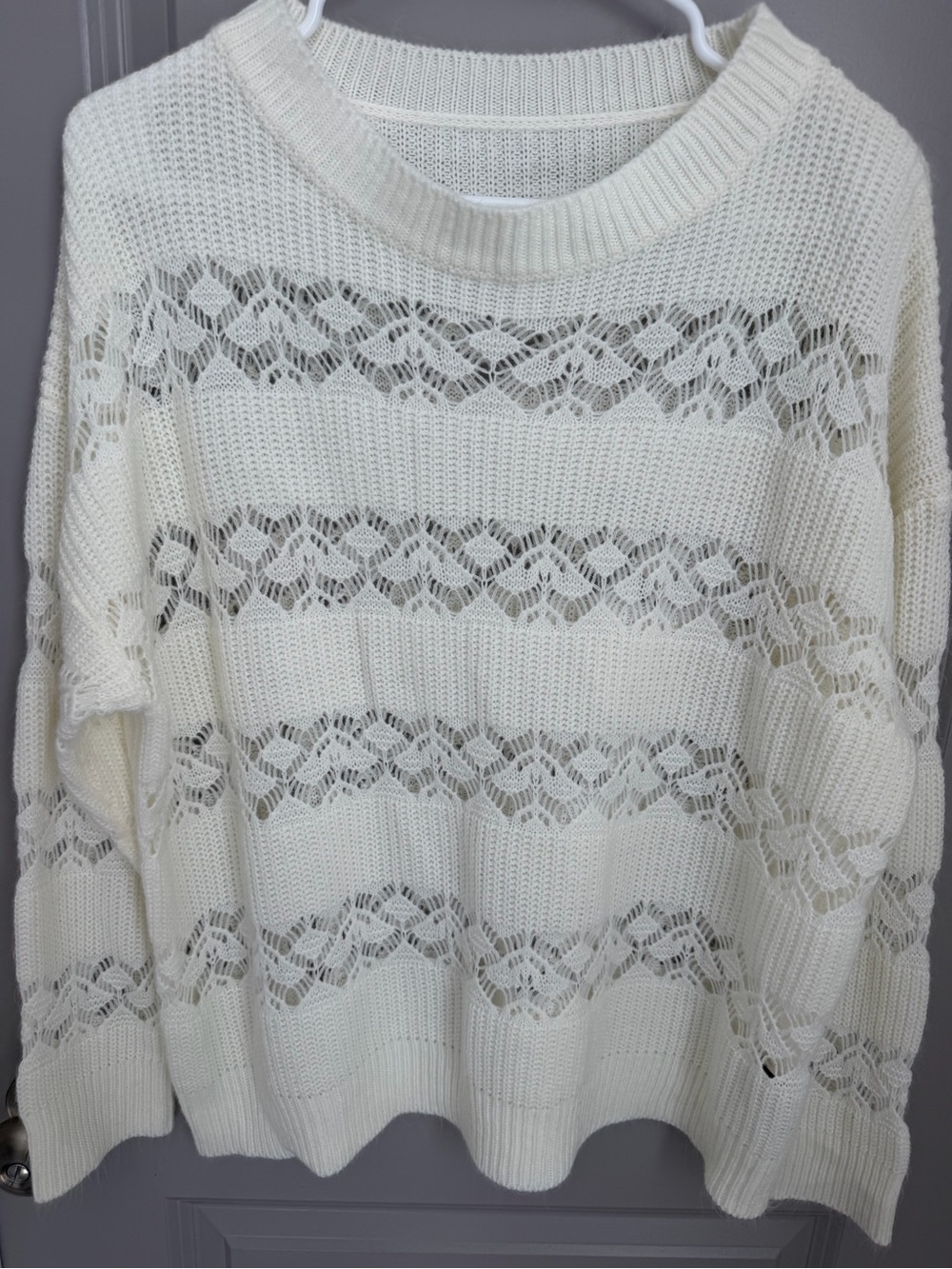 SHEIN Cream Open-Knit Crewneck Sweater